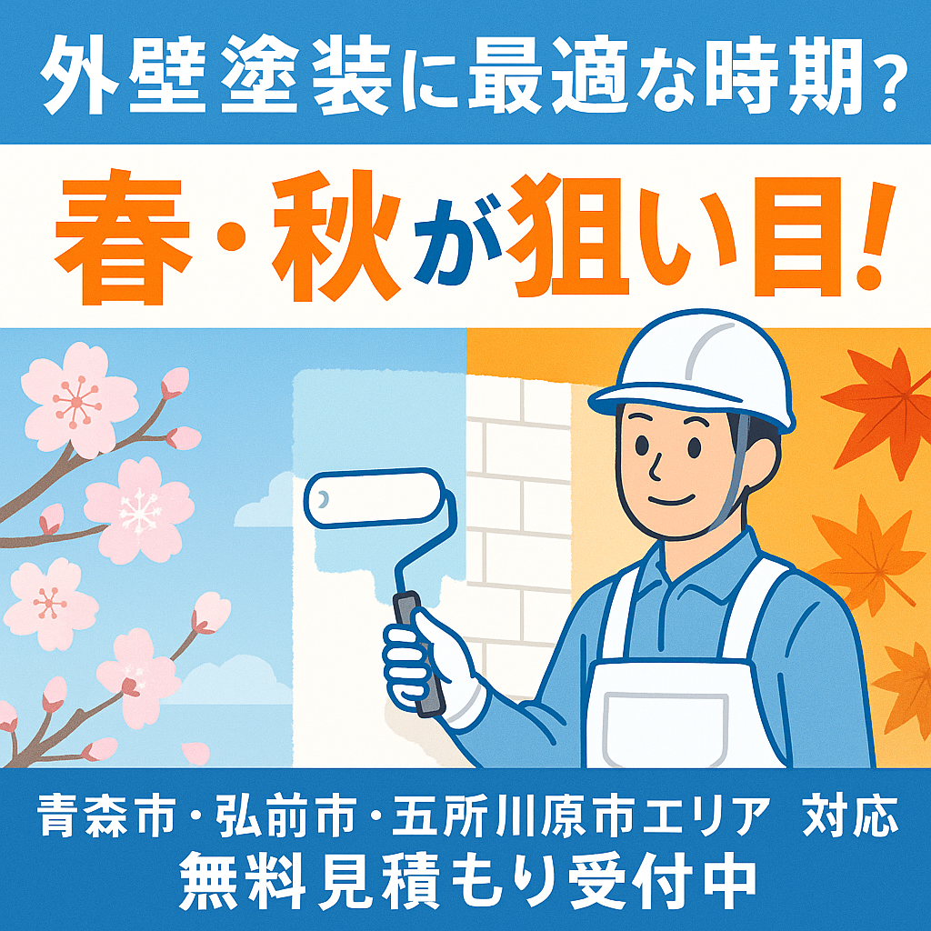 「外壁塗装に最適な時期？春・秋が狙い目！」という日本語テキストと、春の桜と秋の紅葉に囲まれて外壁を塗装する職人のイラストが描かれた青森エリア向けの情報バナー。下部には「青森市・弘前市・五所川原市エリア対応 無料見積もり受付中」と記載。